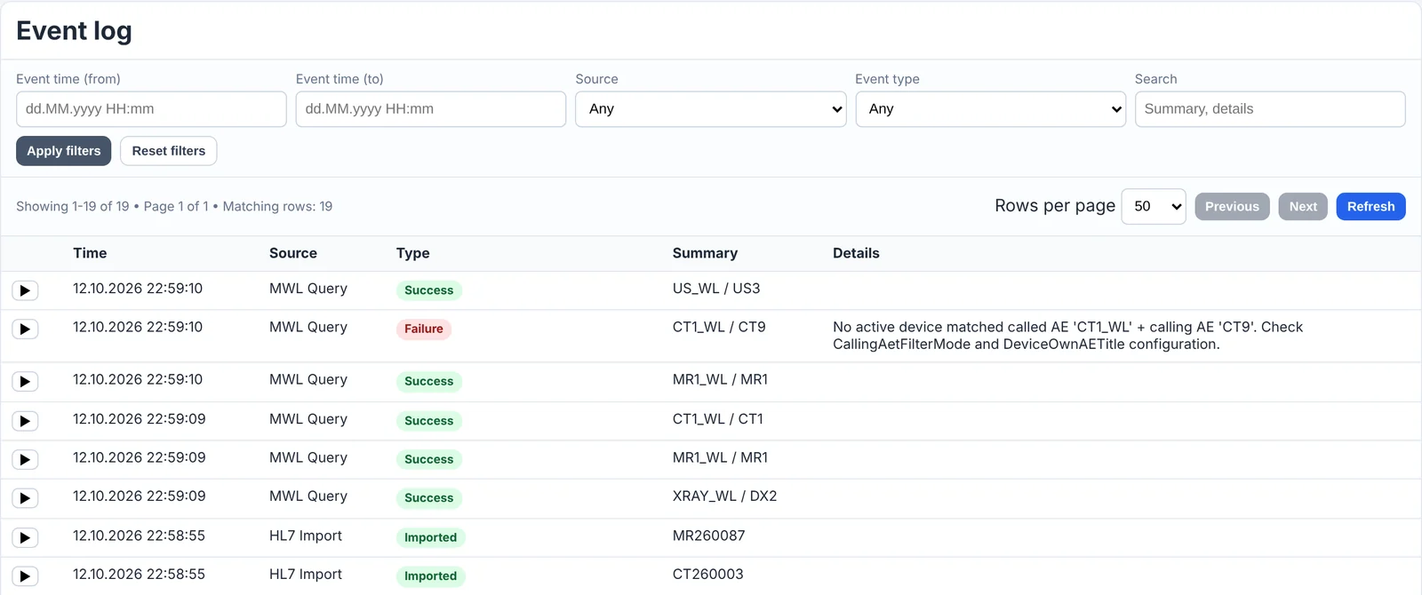 Event log listing worklist queries from each scanner, including a refused query from an unknown AE title.